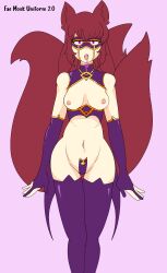 anno_(anno) breasts cleavage collar drool faetomi female_only femsub fox_ears fox_girl fox_tail gloves glowing glowing_eyes kitsune_girl large_breasts latex long_hair magic mask open_mouth opera_gloves original purple_eyes red_hair text thighhighs