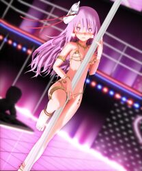 3d absurdres alxtia bottomless breasts dancer earrings femsub harem_outfit hata_no_kokoro heart heart_eyes hypnotic_accessory jewelry long_hair mask nude pink_hair pole_dancing purple_hair symbol_in_eyes topless touhou