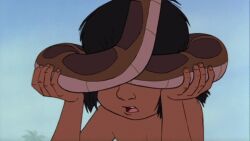 animated animated_gif black_hair coils dark_skin dazed defeated disney hypnotic_eyes instant_loss jungle kaa kaa_eyes male_only maledom malesub mowgli official open_mouth short_hair snake snake_boy the_jungle_book weak_resistance