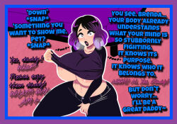 ai_art black_lipstick english_text femsub hypnofantasy_(generator) hypnovember instant_loss jeans kneeling midriff multicolored_hair navel open_mouth short_hair shrunken_irises sideboob text undressing