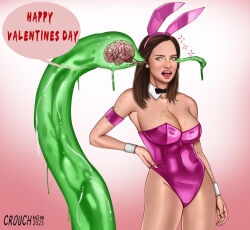 arm_bands bow_tie brain brain_sucking brainless brown_hair bunny_ears bunnysuit cleavage collarbone crouchnow cuffs dialogue external_brain fake_animal_ears femsub green_eyes hand_on_hip heart_eyes long_hair open_mouth signature sparkle speech_bubble symbol_in_eyes tentacles text the_brain-eating_evil_meteor the_grim_adventures_of_billy_and_mandy