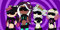  alternate_costume callie_(splatoon) cousins crown dark_skin earrings enemy_conversion expressionless female_only femsub happy_trance hypnoshades hypnotic_accessory hypnotic_screen inkling jewelry long_hair marie_(splatoon) marina_(splatoon) midriff multiple_girls multiple_subs navel navel_piercing nintendo octoling off_the_hook pale_skin pearl_(splatoon) piercing short_hair shyker simple_background smile soropin spiral splatoon splatoon_2 squid_sisters standing standing_at_attention sunglasses tech_control tentacles twintails visor 
