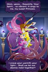 absurdres blonde_hair blue_eyes candle chin_hold crown dialogue english_text female_only femdom femsub flame nintendo paper_mario paper_mario:_the_thousand_year_door princess princess_peach queen royalty shadow_queen speech_bubble super_mario_bros. tagme text thiccncute very_long_hair yuri