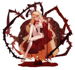  absurdres alternate_hairstyle bare_legs bare_shoulders barefoot blonde_hair blood bunny_ears bunny_girl bunnysuit coat don_quixote_(limbus_company) expressionless eye_color_change fake_animal_ears feet female_only femsub fishnets flower flower_in_hair four-hundred_roses hair_growth hair_ornament hypnotic_plant leotard limbus_company navel non-binary non-binary_dom pantyhose possession red_eyes roses simple_background sitting slit_pupils thighs very_long_hair white_background xnol_xaxl 