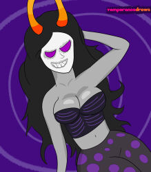 absurdres alien alien_girl black_hair breasts clothed female_only femdom glowing glowing_eyes grand_highblood grey_skin homestuck horns large_breasts long_hair magic ms_paint_adventures pov pov_sub smile solo temperancedraws