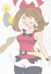  backpack banshou blush breasts bzurrrf_(colorist) empty_eyes female_only femsub hat may nintendo open_mouth pokemon pokemon_masters pokemon_omega_ruby_and_alpha_sapphire short_hair short_shorts standing sweat tech_control text translation_request 