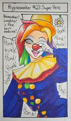  absurdres border clothed clown clown_girl clownification color consensual dialogue english_text face_paint female_only femsub gloves happy_trance hat jesturia mercy one_eye_open open_mouth overwatch rainbow_hair simple_background smile solo speech_bubble spiralwash_eyes tagme text tongue_out traditional white_background wink 