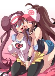 blush breast_grab breasts brown_hair double_hair_bun female_only glowing glowing_eyes groping hair_buns hat heart heart_eyes hilda icontrol_(manipper) jean_shorts kneeling konno_tohiro large_breasts long_hair manip multiple_girls nintendo pokemon pokemon_black_and_white pokemon_black_and_white_2 rosa_(pokemon) shorts sub_on_sub symbol_in_eyes tongue tongue_out twintails yuri 