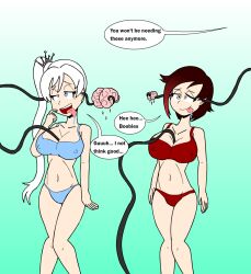 all_the_way_through brain brain_injection brainless breasts cleavage dialogue droidmaster3000 ear_sex external_brain female_only femsub happy_trance knees_together large_breasts lobotomy multiple_girls multiple_subs open_mouth ruby_rose rwby simple_background tentacles text tongue tongue_out weiss_schnee