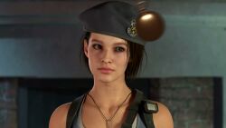  3d animated bare_shoulders brown_hair clothed collarbone female_only femsub happy_trance hat heavy_eyelids jill_valentine military_hat military_uniform open_mouth pendulum pocket_watch resident_evil short_hair smile solo spiral_eyes spiralwash_eyes standing tank_top video vynil 