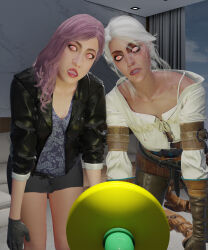  bedroom cirilla_fiona_elen_riannon clothed female_only femsub hypno_beam hypno_ninja jimmy_neutron_(series) leaning_forward open_mouth seonhee_(yakuza) tech_control the_witcher the_witcher_3 yakuza_(series) 
