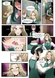  absurdres betrayal black_hair blonde_hair brown_hair character_request clothed comic dialogue doggos_doujins drugged english_text evil_smile femdom femsub force_feeding french_kiss hypnotized_dom hypnotized_hypnotist kissing long_hair netorare no_eyes speech_bubble spy_x_family tagme text uniform yor_briar yuri 