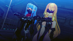  3d barefoot blue_hair bodysuit breasts collar custom_maid_3d_2 empty_eyes expressionless face_mask femsub gloves happy_trance large_breasts latex leotard long_hair multiple_girls multiple_subs navel nyorohsb opera_gloves orange_eyes original rubber saluting standing standing_at_attention tech_control underboob very_long_hair visor 
