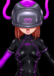  black_background bodysuit brown_hair cables catsuit corruption drool erect_nipples erect_nipples_under_clothes female_only femsub gloves helmet latex long_hair open_mouth opera_gloves rubber simple_background solo symbol tech_control tongue tongue_out tsumadzu tubes 
