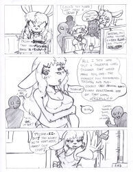 blush breasts bunny_girl cleavage comic crazycowproductions erect_nipples fox_boy franklin_fox furry greyscale large_breasts long_hair open_mouth original short_hair text traditional trippy_(trippy)