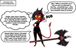  axe before_and_after black_hair bucket_helmet demon_girl glamrockmangle12 helluva_boss millie_(helluva_boss) red_skin speech_bubble text 