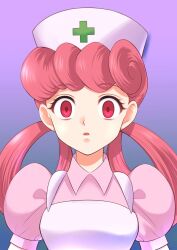  empty_eyes expressionless maskmaya1 nintendo nurse nurse_joy open_mouth pink_hair pokemon red_eyes 