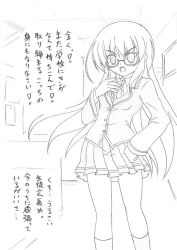 glasses greyscale long_hair monochrome ohazikihime original school_uniform text translated