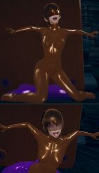 3d absurdres blindfold bodysuit brown_hair comic corruption erect_nipples erect_nipples_under_clothes female_only femsub glowing_eyes happy_trance honey_select_2 kneeling latex murochi-san open_mouth original pink_eyes ponytail rubber see-through slime solo spread_legs tears tongue tongue_out