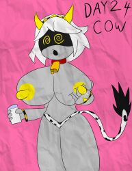alternate_costume breasts cow_girl cowbell hypnovember milk murder_drones robot robot_girl serial_designation_v simple_background spiral_eyes tcross white_hair