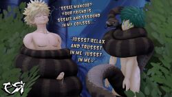 blonde_hair bottomless coils erection erection_through_coils green_hair happy_trance izuku_midoriya kaa kaa_eyes katsuki_bakugo male_only maledom malesub muscle_boy my_hero_academia penis psikokinetic sleeping smile topless yaoi