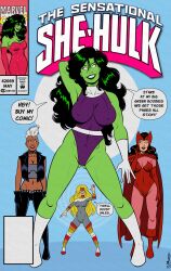  belt black_hair blonde_hair boots cape cleavage comic dialogue english_text female_only femdom femsub gloves green_hair green_lipstick green_skin headdress hypnotia leather leotard long_hair marvel_comics mask midriff muscle_girl polmanning punk she-hulk short_hair smile speech_bubble storm text wanda_maximoff white_hair whitewash_eyes 