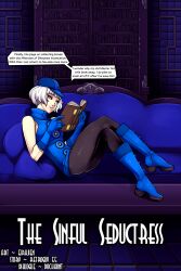 bodysuit book boots breasts chair eirhjien elizabeth_(persona_3) hat knee-high_boots persona_(series) persona_3 sitting text tights white_hair yellow_eyes