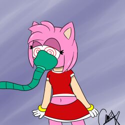 amy_rose clothed dress female_only femsub furry gas_mask hedgehog_girl hypnotic_gas midriff oxygen_mask shyker simple_background solo sonic_the_hedgehog_(series) soropin spiral_eyes symbol_in_eyes