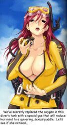 black_eyes bodysuit breasts cleavage deathwish_(manipper) drool drugged empty_eyes erect_nipples expressionless femsub goggles goggles_on_head huge_breasts hypnotic_gas long_hair manip nipples open_clothes open_mouth red_hair swimsuit text undressing