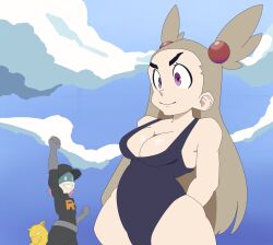 brown_hair drowzee hair_ornament jasmine nintendo one-piece_swimsuit pokemon pokemon_gold_silver_and_crystal purple_eyes sourowl tagme team_rocket_grunt