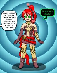 antenna female_only fembot femsub green_eyes happy_trance headphones hypnotic_accessory long_hair maledom open_mouth ponytail pyrrha_nikos red_hair robotization rwby simple_background smile solo spiral_eyes supertechno324 symbol_in_eyes tech_control text