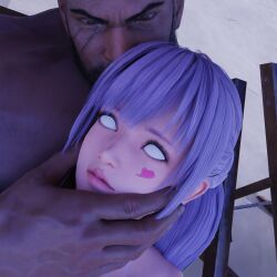  3d chin_hold dead_or_alive empty_eyes esccc expressionless face_paint femsub fiona_(dead_or_alive) maledom ponytail purple_hair whitewash_eyes wufan870203 