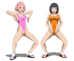  black_hair body_control haigure happy_trance hinata_hyuuga large_breasts leotard naruto_(series) pink_hair sakura_haruno short_hair swimsuit 