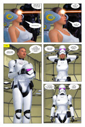  3d absurdres barefoot before_and_after belt blue_eyes bra breasts brown_hair chainedknee cleavage comic enemy_conversion erect_nipples expressionless femdom femsub helmet high_heels hypnotized_dom large_breasts red_lipstick short_hair standing standing_at_attention star_wars stormtrooper tech_control text underwear whitewash_eyes 