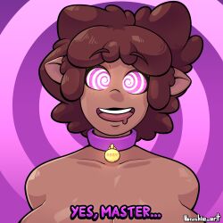 animal_ears bare_shoulders brown_hair brushie_art character_request collar collarbone convenient_censoring curly_hair dark_skin dog_tags drool eyebrows_visible_through_hair female_only femsub freckles happy_trance large_breasts lipstick long_hair nude open_mouth pink_eyes purple_background smile solo spiral_background spiralwash_eyes text