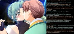 blue_hair brown_hair caption confused couple_of_dragons_(manipper) femsub kissing long_hair maledom robotization short_hair soul_link symbol_in_eyes tech_control text transformation