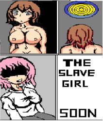bottomless breasts brown_hair clothed comic evil_smile expressionless femdom femsub hypnotic_screen large_breasts nude open_mouth pink_hair pixel pixel_art  smile spiral spiral_eyes symbol_in_eyes tech_control text topless