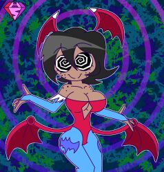  aged_up bat_wings black_eyes black_hair capcom cleavage cleavage_cutout collarbone cosplay crossover dark_skin darkstalkers eyebrows_visible_through_hair eyelashes femsub fingerless_gloves freckles happy_trance hypnoscream large_ass large_breasts leggings leotard lilith_aensland looking_at_viewer murder_drones opera_gloves posing ring_eyes shiny_hair short_hair simple_background smile spiralwash_eyes succubus tessa_james_elliot watermark wide_hips wings 