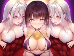  bikini breasts brown_hair coin couch cover empty_eyes female_only femdom femsub hai hypnotic_voice large_breasts long_hair multiple_doms multiple_girls navel original pendulum red_eyes short_hair sitting smile swimsuit twins white_hair 