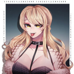 alternate_costume blonde_hair braid cleavage collar corruption evil_smile fairy_tail fangs female_only femsub fur_coat lenxzarr long_hair lucy_heartfilia monster_girl naga_girl scales smile snake_girl spoilers tail tongue tongue_out yellow_eyes