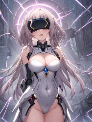  ai_art arms_behind_back blush cleavage electricity female_only femsub gloves grey_hair koimin4_(generator) leotard long_hair navel open_mouth opera_gloves solo stable_diffusion_(ai) tech_control twintails visor 