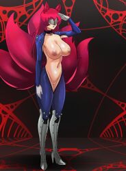  anno_(anno) breasts collar cosplay drone exposed_chest female_only femsub hypnotic_accessory kitsune_girl large_breasts latex long_hair mask original persona_(series) persona_5 red_hair saluting shinzu standing standing_at_attention tail 