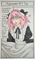 absurdres astolfo_(fate/grand_order) color dialogue fangs fate/grand_order fate_(series) femboy gloves hair_ribbon happy_trance jesturia long_hair looking_at_viewer maid male_only open_mouth pink_hair signature simple_background smile solo speech_bubble spiralwash_eyes standing tagme text traditional