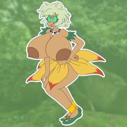  anklet bare_legs breasts cleavage dark_skin earrings female_only femsub forest grass_skirt green_eyes green_hair hand_on_hip huge_breasts jungle jungle_de_ikou mii_(jungle_de_ikou) necklace nipples open_mouth shoes short_hair simple_background solo spiral_eyes spiralwash_eyes standing symbol_in_eyes zombi62 