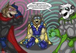 blue_eyes bulge cape cyberklaw dialogue dueling_hypnotists erection erection_under_clothes furry gloves green_eyes kneeling lion_boy male_only maledom malesub multiple_boys multiple_doms muscle_boy open_mouth original panda_boy psychic spiral_eyes super_hero symbol_in_eyes text wolf_boy yellow_eyes