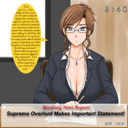 breasts brown_hair business_suit chair cleavage clothed collarbone empty_eyes english_text eyebrows_visible_through_hair female_only femsub futon_suki glasses grey_eyes huge_breasts manip mass_hypnosis microphone necklace office_lady original single_hair_bun sitting solo speech_bubble suit tech_control text tiechonortheal_(manipper) tv