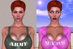 3d bare_shoulders before_and_after breasts cleavage collarbone dog_tags earrings expressionless female_only femsub grey_eyes huge_breasts hypnoman jewelry looking_at_viewer orange_hair original red_lipstick solo talia_danvers text white_eyes