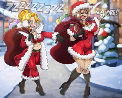 absurdres bell blush boots bow brown_hair christmas closed_eyes collarbone dark_skin drool earmuffs femsub heavy_eyelids high_heels jacket kneehighs large_breasts light_skin long_hair milf navel naz_(maurislave) open_mouth orange_hair original outdoors pants santa_costume santa_hat single_hair_bun sleeping sleepwalking snoring snow standing svetta_(svettak92) tan_skin text tube_top zorro-zero