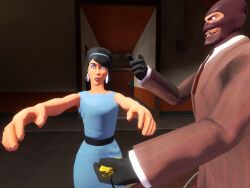 3d black_hair breasts dress gloves gmod large_breasts looking_at_viewer mask pocket_watch scout&#039;s_mom_(team_fortress_2) scout_(team_fortress_2) smile spy_(team_fortress_2) standing team_fortress_2 vg-mc