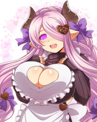 apron blush breasts cleavage dazed exposed_chest female_only femsub glowing glowing_eyes granblue_fantasy hair_ribbon happy_trance horns large_breasts long_hair looking_at_viewer maid manip misterman4_(manipper) monster_girl narmaya_(granblue_fantasy) open_mouth ribbon smile spiral_eyes sweater symbol_in_eyes